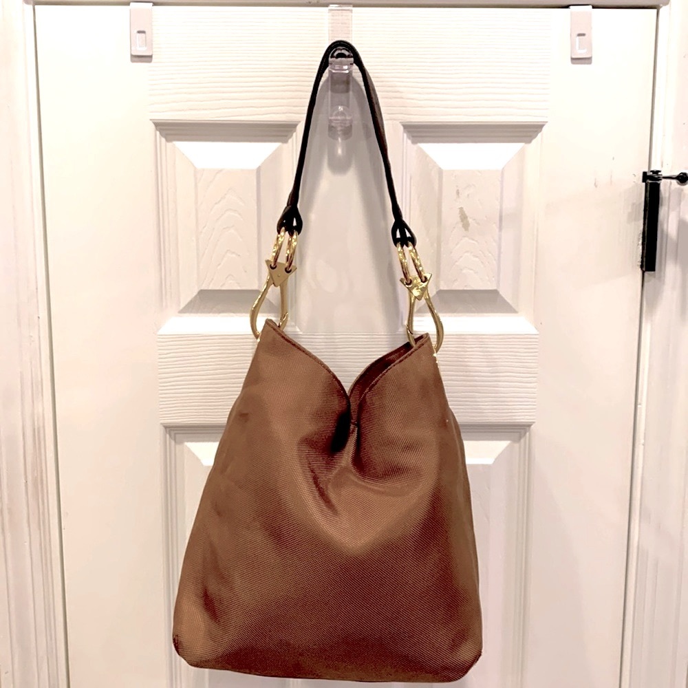 Braciano Woven Hobo Shoulder Bag Neutral Tan w Gold-tone Hardware Medium Size